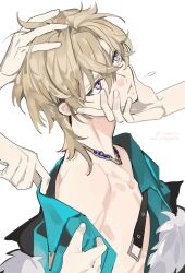 Rule 34 | 1boy, aqua shirt, aventurine (honkai: star rail), blonde hair, closed mouth, collarbone, collared shirt, feet out of frame, fur trim, hair between eyes, honkai: star rail, honkai (series), jewelry, kayu (yukagoin), looking at another, male focus, necklace, purple eyes, shirt, short hair, simple background, undressing, white background