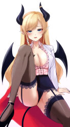 Rule 34 | 1girl, anus, anus peek, arm support, black footwear, black horns, black panties, black skirt, black tail, black thighhighs, blonde hair, blue eyes, blush, breast tattoo, breasts, cameltoe, cleavage, cleft of venus, coat, collared shirt, commentary request, demon girl, demon horns, demon tail, demon wings, foot out of frame, frilled shirt, frills, garter straps, high heels, highres, hololive, horn ornament, horns, knee up, lab coat, lace, lace-trimmed legwear, lace trim, large breasts, long hair, looking at viewer, masaki (sibamasa), miniskirt, open clothes, open coat, paid reward available, panties, parted lips, partially unbuttoned, partially visible vulva, pink shirt, pointy ears, pumps, shirt, shirt tucked in, simple background, sitting, skirt, smile, solo, strappy heels, swept bangs, tail, tattoo, thighhighs, underwear, very long hair, virtual youtuber, white background, white coat, winged heart, wings, yuzuki choco, yuzuki choco (1st costume)