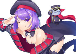 Rule 34 | 1girl, automaton (object), bad id, bad pixiv id, bare shoulders, black hat, black thighhighs, breasts, colonel olcott (fate), commentary request, dabuki, detached collar, doll, dress, fate/grand order, fate (series), hat, helena blavatsky (fate), helena blavatsky (third ascension) (fate), highres, jacket, looking at viewer, one eye closed, purple eyes, purple hair, salute, sefirot, short hair, simple background, small breasts, solo, strapless, strapless dress, thighhighs, white background
