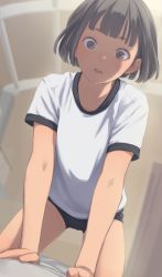Rule 34 | 1girl, absurdres, all fours, blurry, blurry background, bob cut, buruma, comic koh, commentary request, depth of field, grey eyes, grey hair, gym uniform, highres, indoors, kamo (gafas), looking at viewer, original, parted lips, round teeth, shirt, short hair, solo, teeth, white shirt, wide-eyed
