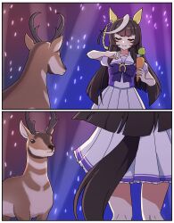 1girl animal_ears black_hair bow bowtie breasts brown_hair calstone_light_o_(umamusume) carrot closed_eyes closed_mouth deer hair_ornament highres holding holding_carrot horns horse_ears horse_girl horse_tail long_hair medium_breasts meme multicolored_hair pleated_skirt puffy_sleeves purple_shirt sailor_collar sailor_shirt school_uniform shikairo_days_dance_(meme) shikanoko_nokonoko_koshitantan shirt short_sleeves skirt smile tail takiki tracen_school_uniform umamusume white_hair white_skirt yellow_eyes