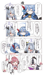 Rule 34 | 4girls, 4koma, ako (blue archive), armband, aru (blue archive), bell, belt collar, black gloves, black hair, black necktie, black sweater, blue archive, blue eyes, blue hair, blunt bangs, bow, bowtie, coat, coat on shoulders, collar, comic, commentary request, dark-skinned female, dark skin, demon girl, demon horns, earrings, fur-trimmed coat, fur trim, gloves, grey hair, hair between eyes, hair over one eye, hair ribbon, hairband, halo, hood, hooded sweater, horns, iori (blue archive), jewelry, kayoko (blue archive), long hair, long sleeves, looking at another, multicolored hair, multiple girls, neck bell, necktie, o (rakkasei), open clothes, open coat, pointy ears, ponytail, red bow, red bowtie, red eyes, red hair, ribbon, sidelocks, sweatdrop, sweater, thinking, translation request, two-tone hair, white hair, yellow eyes