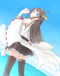 Rule 34 | 10s, 1girl, ahoge, bad id, bad pixiv id, blue sky, blush, brown eyes, brown hair, brown thighhighs, cloud, cloudy sky, day, detached sleeves, double bun, from behind, hair bun, hairband, heart, highres, kantai collection, kongou (kancolle), long hair, looking at viewer, looking back, nontraditional miko, ocean, pleated skirt, ribbon-trimmed sleeves, ribbon trim, skirt, sky, solo, thighhighs, tomisaka, water, zettai ryouiki