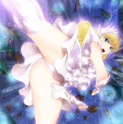 Rule 34 | 1girl, absurdres, armor, ass, bent over, blonde hair, breasts, delphinus mii, fighting stance, from below, green eyes, highres, large breasts, leg up, legs, long hair, looking at viewer, open mouth, panties, pantyshot, saint seiya, saint seiya saintia sho, serious, shoulder pads, skirt, solo, standing, thighs, tiara, underwear, white skirt, yadokari genpachirou