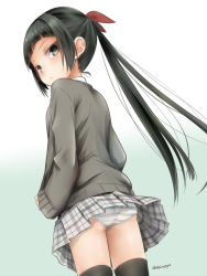Rule 34 | 1girl, akino shuu, ass, black hair, black thighhighs, blush, closed mouth, commentary request, from below, gradient background, green background, green eyes, grey sweater, hair ribbon, highres, iroha natsume, long hair, long sleeves, looking at viewer, looking back, original, panties, plaid, plaid skirt, pleated skirt, ponytail, red ribbon, ribbon, sidelocks, skirt, sleeves past wrists, solo, striped clothes, striped panties, sweater, thighhighs, twitter username, underwear, very long hair, white background, white skirt
