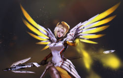 Rule 34 | 1girl, absurdres, armor, blonde hair, blood, blood from mouth, blood on clothes, blue eyes, blurry, bodysuit, breasts, brown background, brown pantyhose, cowboy shot, depth of field, dirty, dirty clothes, dust, energy, faulds, glowing, glowing wings, hair tie, halo, head tilt, high ponytail, highres, holding, holding staff, kyung han kim, light particles, light rays, looking at viewer, mechanical halo, mechanical wings, medium breasts, mercy (overwatch), nose, outstretched hand, overwatch, overwatch 1, pantyhose, parted lips, pelvic curtain, pink lips, red lips, solo, spread wings, staff, swiss flag, white bodysuit, wings, yellow wings