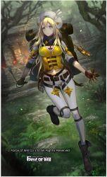 Rule 34 | 1girl, bag, belt, blonde hair, boots, breasts, cleavage, copyright name, dart, force of will, full body, fuziwara ayumu, gloves, grass, hat, lamp, leaf, long hair, official art, transparent background, tree, yellow eyes