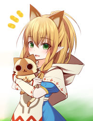 Rule 34 | 1girl, :d, animal ears, blonde hair, blue dress, blush, braid, brown capelet, capelet, cat ears, commentary request, dress, felyne, green eyes, hair between eyes, hair over shoulder, haryuu (poetto), highres, hood, hood down, hooded capelet, hug, long hair, looking at viewer, meowstress, monster hunter (series), notice lines, open mouth, pointy ears, polka dot, puffy short sleeves, puffy sleeves, short sleeves, smile, twin braids, white background