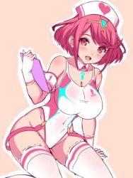 Rule 34 | 1girl, alternate costume, breasts, chest jewel, competition swimsuit, f 1chan, hat, large breasts, nurse, nurse cap, one-piece swimsuit, pyra (pro swimmer) (xenoblade), pyra (xenoblade), red eyes, red hair, short hair, solo, swept bangs, swimsuit, white one-piece swimsuit, xenoblade chronicles (series), xenoblade chronicles 2