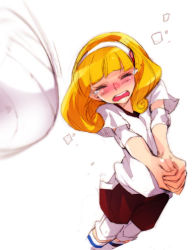 Rule 34 | 10s, 1girl, ball, blonde hair, closed eyes, gym shorts, gym uniform, hairband, kise yayoi, lowres, precure, shorts, smile precure!, solo, tears, tima, volleyball, volleyball (object), white background, white hairband