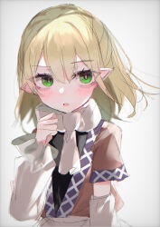 Rule 34 | 1girl, absurdres, bags under eyes, blonde hair, blush, detached sleeves, green eyes, highres, looking at viewer, mizuhashi parsee, open mouth, pointy ears, ponytail, short hair, simple background, solo, touhou, white background, yumeno ruruka