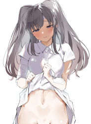 Rule 34 | 1girl, bandaged arm, bandages, bandaid, bandaid on arm, bandaid on face, bandaid on forehead, blush, breasts, clothes lift, collared dress, commentary, cowboy shot, dress, dress lift, grey hair, groin, half-closed eyes, hands up, highres, idolmaster, idolmaster shiny colors, karan, lifted by self, long hair, looking at viewer, medium breasts, no panties, out-of-frame censoring, parted lips, purple eyes, short sleeves, sidelocks, simple background, solo, standing, twintails, white background, white dress, yukoku kiriko