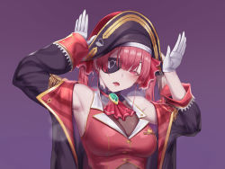 Rule 34 | 1girl, absurdres, armpits, arms up, arrow through heart, ascot, bare shoulders, bicorne, black choker, black coat, black hat, bodystocking, breasts, brooch, buttons, choker, cleavage, coat, commentary request, cropped jacket, epaulettes, eyepatch, frilled choker, frills, gloves, gold trim, hair between eyes, hair ribbon, hat, head tilt, heavy breathing, highres, hololive, houshou marine, jacket, jewelry, kumiko shiba, long hair, long sleeves, looking at viewer, medium breasts, open mouth, outstretched hand, purple background, rabbit pose, red ascot, red eyes, red hair, red jacket, red ribbon, ribbon, see-through, see-through cleavage, sidelocks, sleeveless, sleeveless jacket, solo, steam, sweat, twintails, upper body, virtual youtuber, white gloves