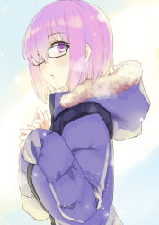 Rule 34 | 1girl, black-framed eyewear, fate/grand order, fate (series), fur trim, glasses, hair over one eye, kusano houki, light purple hair, looking at viewer, mash kyrielight, official alternate costume, pink hair, purple eyes, purple hair, short hair, solo, winter clothes