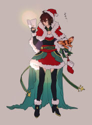 Rule 34 | 1boy, 1other, ahoge, belt, black gloves, black pantyhose, boots, brown hair, cape, capelet, carrying, carrying under arm, christmas stocking, cleavage cutout, clothing cutout, commentary, crossdressing, dress, facing viewer, fingerless gloves, full body, fur-trimmed boots, fur-trimmed capelet, fur-trimmed dress, fur-trimmed shirt, fur-trimmed sleeves, fur trim, gloves, granblue fantasy, green belt, green cape, green ribbon, hair between eyes, hat, holding, holding paper, holding sack, hood, hood down, iwashi (morpho000), looking at object, male focus, messy hair, pantyhose, paper, reading, red capelet, red eyes, ribbon, sack, sandalphon (granblue fantasy), santa costume, santa hat, shirt, star (symbol), symbol-only commentary, thigh cutout, translation request, vyrn (granblue fantasy)
