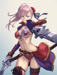 Rule 34 | 1girl, absurdres, american flag, american flag bikini, american flag print, asymmetrical hair, asymmetrical legwear, bikini, blue eyes, blue sky, blue thighhighs, boots, breasts, brown gloves, bun cover, commentary request, day, dual wielding, elbow gloves, eyes visible through hair, fate/grand order, fate (series), flag print, front-tie bikini top, front-tie top, gloves, gradient sky, grey sky, gunblade, hair bun, highres, holding, holding weapon, long hair, medium breasts, miyamoto musashi (fate), miyamoto musashi (fate/grand order), miyamoto musashi (swimsuit berserker) (fate), miyamoto musashi (swimsuit berserker) (second ascension) (fate), outdoors, pink hair, print bikini, shrug (clothing), single hair bun, single thigh boot, single thighhigh, sky, solo, star (symbol), star print, swept bangs, swimsuit, thigh boots, thighhighs, uneven legwear, weapon, yasu (segawahiroyasu)