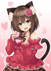 Rule 34 | 1girl, :d, animal ear fluff, animal ears, black hairband, blush, box, brown hair, brown skirt, cat ears, cat tail, commentary request, fake animal ears, fang, flower, gift, gift box, gradient background, green eyes, hair between eyes, hair flower, hair ornament, hairband, hasumi (hasubatake39), heart-shaped box, highres, holding, holding gift, idolmaster, idolmaster cinderella girls, long sleeves, looking at viewer, maekawa miku, off-shoulder shirt, off shoulder, open mouth, pink background, pink flower, plaid, plaid skirt, pleated skirt, red shirt, shirt, skirt, sleeves past wrists, smile, solo, tail, tail raised, white background