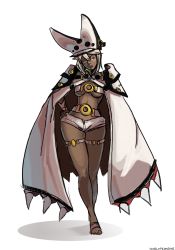 Rule 34 | 1girl, bad id, bad pixiv id, belt bra, breasts, cape, contrapposto, crossed legs, dark-skinned female, dark skin, full body, guilty gear, guilty gear xrd, hand on own hip, hat, highres, long hair, medium breasts, one eye closed, orange eyes, penelope and me, ramlethal valentine, short shorts, shorts, silver hair, simple background, solo, standing, thigh strap, toes, underboob, watson cross, white background, wide hips