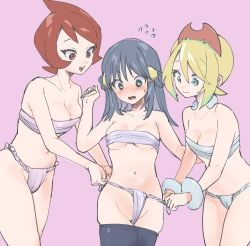 Rule 34 | 3girls, adjusting another&#039;s clothes, adjusting clothes, akari (pokemon), arezu (pokemon), blonde hair, blush, breasts, chest sarashi, chorimokki, cleavage, clothes pull, creatures (company), flying sweatdrops, fundoshi, game freak, irida (pokemon), japanese clothes, looking at another, multiple girls, navel, nintendo, pants, pants pull, pokemon, pokemon legends: arceus, red hair, sarashi, smile, stomach, undressing another, yuri