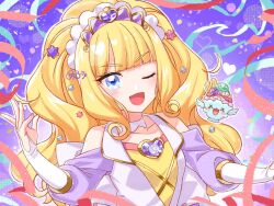 Rule 34 | ;d, blonde hair, blue eyes, bridal gauntlets, brooch, choker, clothing cutout, commentary request, cure finale, delicious party precure, heart, heart brooch, highres, jewelry, kasai amane, long hair, magical girl, one eye closed, open mouth, parfait recipipi, precure, senotarou, shoulder cutout, sidelocks, smile, tiara, white choker, wide ponytail