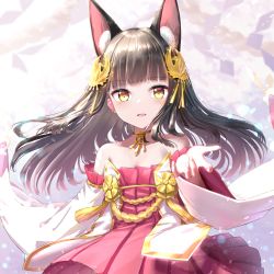 Rule 34 | 1girl, animal ear fluff, animal ears, azur lane, bare shoulders, black hair, blunt bangs, breasts, cleavage, commentary request, detached sleeves, fox ears, gold choker, hair ornament, highres, hime cut, jewelry, kachayori, long hair, long sleeves, looking at viewer, nagato (azur lane), necklace, nontraditional miko, open mouth, outstretched arm, small breasts, smile, solo, straight hair, wide sleeves, yellow eyes