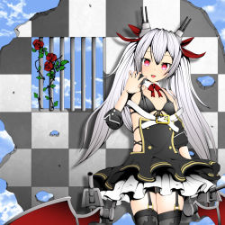 Rule 34 | 1girl, arm at side, azur lane, bars, belt, black thighhighs, bow, breasts, cloud, cloudy sky, cowboy shot, day, detached sleeves, fang, flower, garter straps, grey hair, hair bow, hair ornament, head tilt, headgear, kiaro, looking at viewer, machinery, open mouth, purple eyes, rose, sky, small breasts, smile, standing, strap pull, thighhighs, twintails, vampire (azur lane), zettai ryouiki