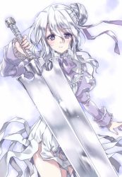 Rule 34 | 1girl, bow, braid, braided bun, closed mouth, commentary request, cowboy shot, falier, hair bun, hair ribbon, highres, holding, holding sword, holding weapon, huge weapon, juliet sleeves, kuroi mimei, long sleeves, looking at viewer, medium skirt, pleated skirt, puffy sleeves, purple bow, purple eyes, purple neckwear, purple ribbon, purple shirt, ribbon, shirt, side bun, silver hair, single side bun, skirt, smile, solo, standing, summon night, summon night 3, sword, weapon, white skirt, wind