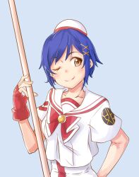 Rule 34 | 1girl, aika granzchesta, aria (manga), blue background, blue hair, blush, bow, bowtie, brown eyes, closed mouth, collarbone, earrings, fingerless gloves, gloves, hair ornament, hat, highres, himeya company uniform, holding, jewelry, looking at viewer, mono9ron, one eye closed, red bow, red bowtie, red gloves, red hat, sailor collar, short hair, short sleeves, sidelocks, simple background, smile, solo, swept bangs, two-tone headwear, upper body, white hat, x hair ornament
