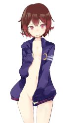 Rule 34 | 10s, 1girl, blush, breasts, brown hair, coat, covering privates, covering crotch, cowboy shot, gradient hair, kantai collection, looking at viewer, multicolored hair, mutsuki (kancolle), mutsuki kai ni (kancolle), naked coat, nanasuke, navel, no bra, no panties, open clothes, open mouth, short hair, simple background, sleeves past wrists, small breasts, solo, standing, wavy mouth, white background