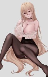 Rule 34 | 1girl, absurdres, arm under breasts, azur lane, bare shoulders, black choker, black skirt, blonde hair, breasts, brown eyes, brown pantyhose, choker, cleavage, collarbone, covered erect nipples, full body, grey background, hair between eyes, high-waist skirt, highres, huge breasts, implacable (azur lane), implacable (shepherd of the &quot;lost&quot;) (azur lane), legs, long hair, long sleeves, looking at viewer, nanako94418108, nipples, no bra, office lady, official alternate costume, panties, panties under pantyhose, pantyhose, parted lips, partially unbuttoned, pencil skirt, see-through, see-through shirt, shirt, simple background, sitting, skirt, solo, thighband pantyhose, torn clothes, torn pantyhose, underwear, very long hair, wet, wet clothes, wet shirt, white panties, white shirt