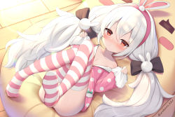 Rule 34 | 1girl, absurdres, azur lane, blush, bottomless, commentary, dress, hair ornament, hairband, highres, irokari, laffey (azur lane), laffey (sleep to clean another day) (azur lane), long hair, long sleeves, looking at viewer, loungewear, lying, manjuu (azur lane), no shoes, on back, pink thighhighs, polka dot, polka dot dress, rabbit hair ornament, red eyes, sidelocks, silver hair, soles, solo, striped clothes, striped thighhighs, thighhighs, twitter username, white thighhighs