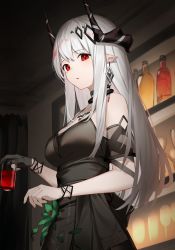 Rule 34 | 1girl, absurdres, arknights, bare shoulders, black dress, black gloves, bottle, bracelet, breasts, cine (wazd0183), collar, cowboy shot, cup, detached sleeves, dress, drinking glass, earrings, gloves, hair ornament, highres, holding, holding cup, horns, indoors, infection monitor (arknights), jewelry, long hair, medium breasts, mudrock (arknights), mudrock (obsidian) (arknights), necklace, official alternate costume, parted lips, partially fingerless gloves, pointy ears, red eyes, see-through, shelf, single glove, solo, white hair