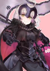 Rule 34 | 1girl, absurdres, agata (yfw1110), ahoge, armor, armored dress, black cape, blush, breasts, cape, chain, collar, fate/grand order, fate (series), faulds, flag, fur-trimmed cape, fur trim, gauntlets, grin, headpiece, highres, jeanne d&#039;arc (fate), jeanne d&#039;arc alter (avenger) (fate), jeanne d&#039;arc alter (fate), large breasts, looking at viewer, metal collar, plackart, short hair, silver hair, smile, solo, sword, weapon, yellow eyes