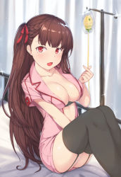 Rule 34 | 1girl, :o, absurdres, alternate costume, black legwear, blunt bangs, braid, breasts, brown hair, center opening, cleavage, collarbone, curtains, dress, feet out of frame, french braid, girls&#039; frontline, glint, hair ribbon, hallohi, hand up, highres, indoors, intravenous drip, knees together feet apart, knees up, large breasts, long hair, looking at viewer, nurse, on bed, one side up, open mouth, pink dress, red eyes, red ribbon, ribbon, shiny skin, short dress, short sleeves, sitting, solo, straight hair, underbust, very long hair, wa2000 (girls&#039; frontline), white hair