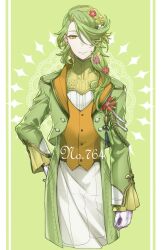 Rule 34 | 1boy, aiguillette, border, braid, brooch, buttons, closed mouth, comfey, creatures (company), cropped legs, flower, flower braid, flower brooch, french braid, frilled sleeves, frills, game freak, gen 7 pokemon, gloves, green background, green hair, green jacket, hair flower, hair ornament, hair over one eye, hair over shoulder, hand on own hip, highres, jacket, jewelry, lapels, layered clothes, lollypopcandy8050, long sleeves, looking at viewer, male focus, mandarin collar, nintendo, open clothes, open jacket, orange vest, pants, personification, pillarboxed, pink flower, pokedex number, pokemon, red flower, see-through, shirt, smile, solo, tassel, vest, white border, white flower, white gloves, white pants, white shirt, yellow eyes