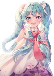 Rule 34 | 1girl, absurdres, backlighting, bad id, bad twitter id, blush, bow, bowtie, braid, dress, eyelashes, frilled dress, frills, gloves, green eyes, green hair, hair between eyes, hair bow, hair ornament, hatsune miku, highres, holding, holding own hair, large bow, long hair, looking at viewer, open mouth, pink bow, pink bowtie, pongu, shadow, smile, solo, twin braids, vocaloid, white gloves