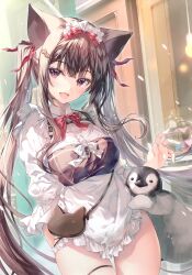 Rule 34 | 1girl, absurdres, animal, animal ears, apron, bag, bird, blush, breasts, brown eyes, brown hair, buttons, cat ears, cat girl, frilled apron, frills, hair ornament, hairclip, hand up, handbag, highres, long hair, long sleeves, looking at viewer, maid, maid headdress, medium breasts, miwabe sakura, mole, mole under eye, open mouth, original, penguin, ribbon, scan, smile, thighs, twintails, waist apron