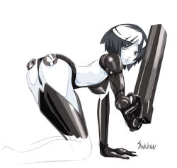Rule 34 | 1girl, android, arm cannon, arm support, ass, bent over, black hair, blame!, blush, cyborg, female focus, gun, kneeling, looking back, pale skin, sanakan, short hair, grey eyes, solo, weapon