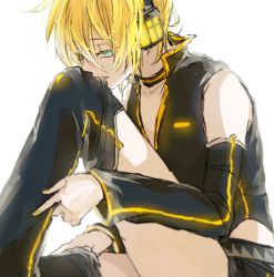 Rule 34 | 1boy, bare shoulders, belt, biting, blonde hair, blue eyes, boots, choker, detached sleeves, eyelashes, half-closed eyes, headphones, highleg, highleg leotard, kagamine len, knee up, leotard, looking at viewer, lowres, male focus, nail polish, project diva, project diva (series), project diva 2nd, punkish (module), saegome, shirt, short shorts, shorts, simple background, sitting, sleeveless, sleeveless shirt, solo, thigh boots, thighhighs, undressing, v-neck, vocaloid, white background, yellow nails