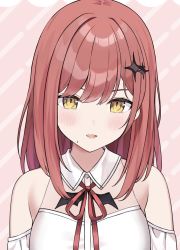 Rule 34 | 1girl, bare shoulders, blush, collared shirt, copyright request, detached sleeves, hair between eyes, hair ornament, highres, kaetzchen, long hair, looking at viewer, mole, mole under mouth, neck ribbon, open mouth, original, pink background, red hair, red ribbon, ribbon, shirt, smile, solo, star (symbol), star hair ornament, striped, upper body, yellow eyes