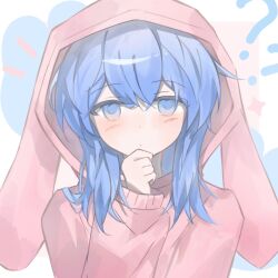 1boy ? ?? androgynous animal_hood ansatsu_kyoushitsu bioo_dd blue_eyes blue_hair blush dot_nose expressionless hair_between_eyes hair_down hand_on_own_chin highres hood hood_up hoodie inset_border long_hair long_sleeves looking_at_viewer male_focus pastel_colors pink_hood pink_hoodie rabbit_hood shiota_nagisa solo sparkle upper_body white_background