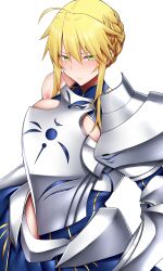 Rule 34 | 1girl, absurdres, ahoge, arind yudha, armor, armored dress, artoria pendragon (fate), artoria pendragon (lancer) (fate), blonde hair, blue dress, bracer, braid, breasts, chest armor, closed mouth, dress, fate/grand order, fate (series), green eyes, hair between eyes, highres, large breasts, pauldrons, short hair with long locks, shoulder armor, single bare shoulder, single pauldron, solo