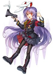 Rule 34 | 1girl, :d, alternate costume, animal ears, armband, belt, black pantyhose, blouse, boots, crescent, crescent pin, finger gun, glowing, glowing eye, highres, light purple hair, long hair, long sleeves, looking at viewer, lunatic gun, manarou, medal, military, military uniform, necktie, open mouth, pantyhose, pleated skirt, purple hair, rabbit ears, red eyes, red necktie, reisen udongein inaba, shirt, simple background, skirt, smile, solo, touhou, trigger discipline, tunic, uniform, very long hair, wavy background, white shirt