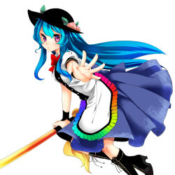 Rule 34 | 1girl, bad id, bad nicoseiga id, blue hair, boots, cross-laced footwear, dress, female focus, food, foreshortening, fruit, hat, hinanawi tenshi, knee boots, lace-up boots, long hair, outstretched arm, outstretched hand, peach, pink eyes, purple eyes, simple background, solo, sword, sword of hisou, touhou, weapon, yutazou