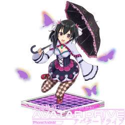 Rule 34 | 1girl, asymmetrical hair, black hair, breasts, brown eyes, bug, butterfly, checkered clothes, checkered legwear, cleavage, copyright name, hair ornament, holding, holding umbrella, insect, kousoku kidou avatar drive, long sleeves, looking at viewer, official art, okutomi fumi, open mouth, oversized clothes, pantyhose, platform, purple butterfly, red footwear, short hair, standing, standing on one leg, umbrella, white background