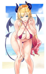 Rule 34 | 1girl, :d, bat tattoo, bent over, bikini, blonde hair, blue eyes, blue sky, breast tattoo, breasts, cleavage, cloud, covered erect nipples, day, demon horns, demon tail, demon wings, gradient hair, highres, hololive, horns, kiyama satoshi, large breasts, long hair, looking at viewer, multicolored hair, ocean, open mouth, pink hair, pointy ears, ponytail, purple bikini, sky, smile, solo, swimsuit, tail, tattoo, very long hair, virtual youtuber, wings, yuzuki choco