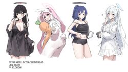 Rule 34 | 4girls, absurdres, alternate costume, animal ears, black dress, blue archive, breasts, carrot, coffee mug, cup, dress, english text, fake animal ears, halo, highres, korean text, koyuki (blue archive), large breasts, long hair, looking at viewer, mug, multiple girls, noa (blue archive), pajamas, pink hair, ponytail, rabbit ears, raki kr, rio (blue archive), standing, straight hair, thigh gap, twintails, twitter, v, white background, white dress, yuuka (blue archive)