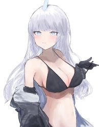Rule 34 | 1girl, bare shoulders, bikini, black bikini, black gloves, black jacket, blush, breasts, character request, cleavage, commentary request, copyright request, gloves, grey eyes, highres, jacket, large breasts, long hair, looking at viewer, navel, off shoulder, silver hair, simple background, solo, stomach, swimsuit, upper body, very long hair, white background, yu-dachi