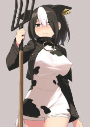 Rule 34 | 1girl, animal ears, animal print, black eyes, black hair, black jacket, blush, breasts, cccpo, closed mouth, covered erect nipples, cow ears, cow girl, cow print, cow tail, dress, ear tag, grey background, hair between eyes, hand up, highres, holding, holstein (cccpo), jacket, large breasts, long sleeves, looking at viewer, multicolored hair, no bra, nose blush, original, pitchfork, print dress, short shorts, shorts, shorts under dress, simple background, solo, tail, two-tone hair, white dress, white hair, white shorts