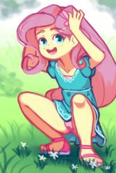 Rule 34 | 1girl, blue dress, blue eyes, blush, collarbone, colored skin, drantyno, dress, flower, fluttershy, grass, hasbro, highres, long hair, looking at viewer, my little pony, my little pony: equestria girls, my little pony: friendship is magic, open mouth, panties, pink footwear, pink hair, pink panties, puffy sleeves, sandals, short sleeves, smile, squatting, teeth, underwear, yellow skin